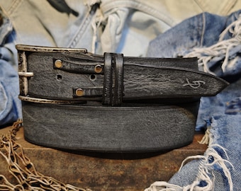 Black Leather Belt for Men with Rivets, Handmade Distressed Grey Wash Belt, Biker Jeans Belt, Christmas Gift for Him