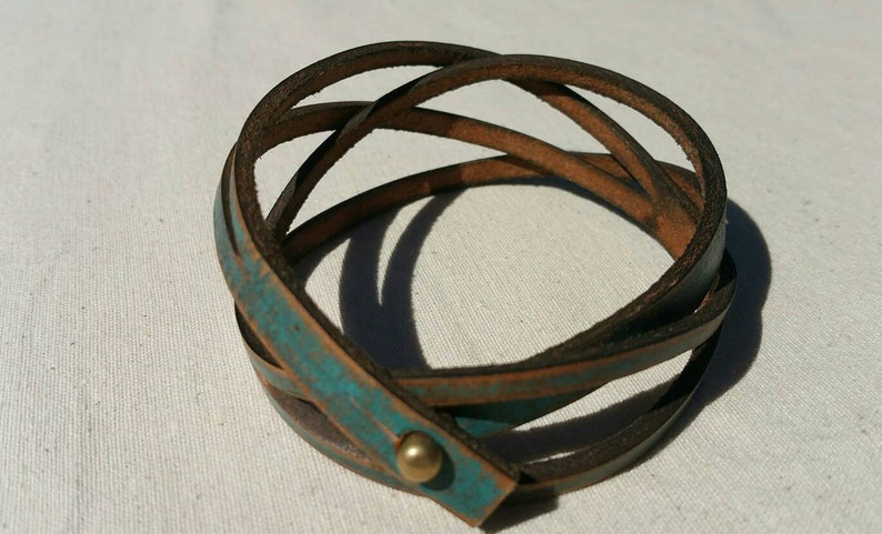 Turquoise leather dog collar with brown wash. To add good girl image 5