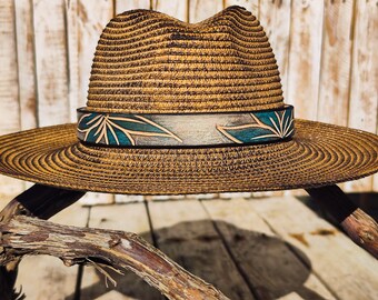 Handcrafted Straw Hat with Turquoise Flower & Vintage Brown Leather Band | Unique Boho-Chic Design