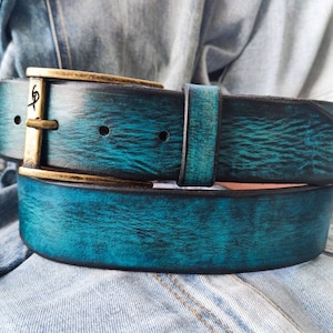 Blue Leather Mens Belt - Handcrafted Gift for Father - Wide 42cm - Stylish Durable and Customized - Shades of Blue - Handmade Accessory