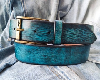 Handcrafted Turquoise Leather Mens Belt – Wide Blue Belt, Custom Fit