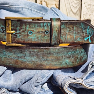 Handmade Turquoise Leather Belt for Men – Wide Vintage Brown Belt with Bronze Buckle – mens Gift Idea