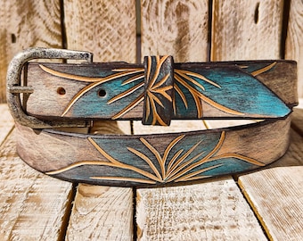 Handmade Turquoise and Brown Floral Tooled Leather Belt With  display picture 1