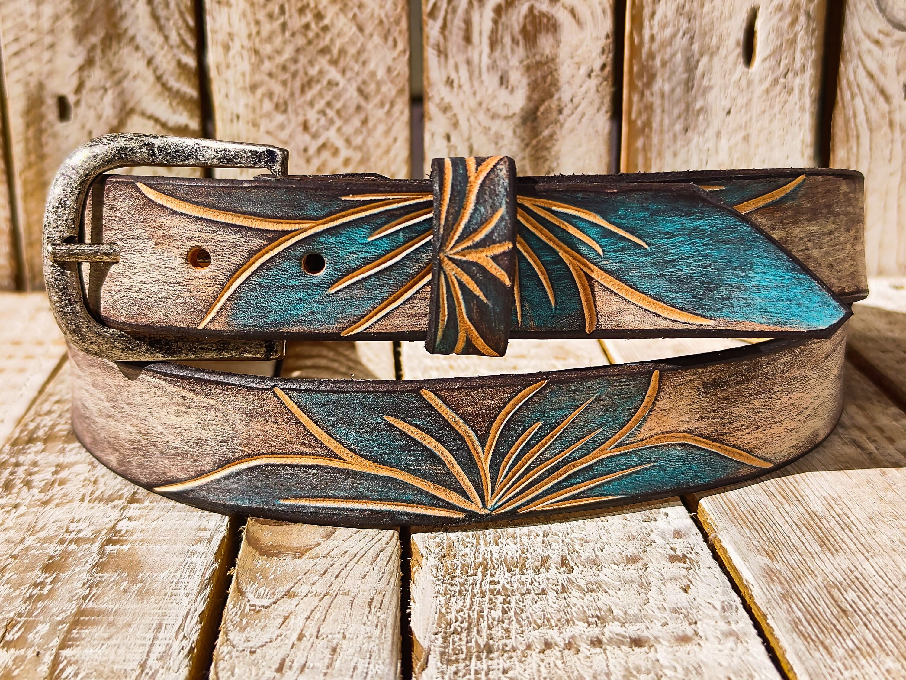 Unique Handmade/Sewn Turquoise BELT w/ Ring Tie in Vegetable Tanned Leather Turquoise Tooled Leather Belt! - Etsy main image 2