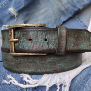 Personalized Handmade Turquoise Leather Belt with Brown Wash - Perfect Men&#39;s Gift for Style and Function, Unique and High-Quality Accessory