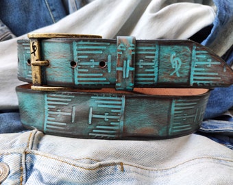 Turquoise Brown Leather Belt, Personalized Belt, Unique Leather Belt, Original Handmade Leather Belt, X-Mas Gift, Gift for Him,Ishaor Belt