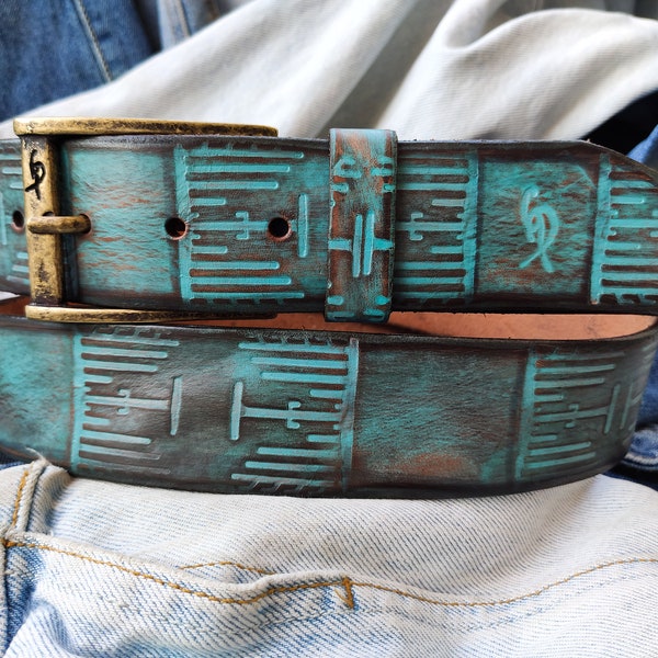Turquoise Brown Leather Belt, Personalized Belt, Unique Leather Belt, Original Handmade Leather Belt, X-Mas Gift, Gift for Him,Ishaor Belt