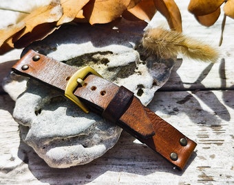 May include: A brown leather watch strap with a gold buckle and metal rivets. The strap is lying on a rock.