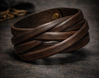 Handmade Full Grain Leather Wrap Bracelet, Rustic Distressed Cuff, Unisex Artisan Jewelry