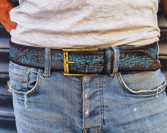 Handmade Turquoise Leather Belt – Distressed Jeans Belt, ISHAOR Design