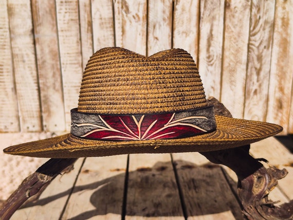 Handcrafted Straw Hat With Red Flower Vintage Leather Band  display picture 3
