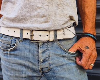Handmade White Leather Belt – Black Wash, Gold Buckle
