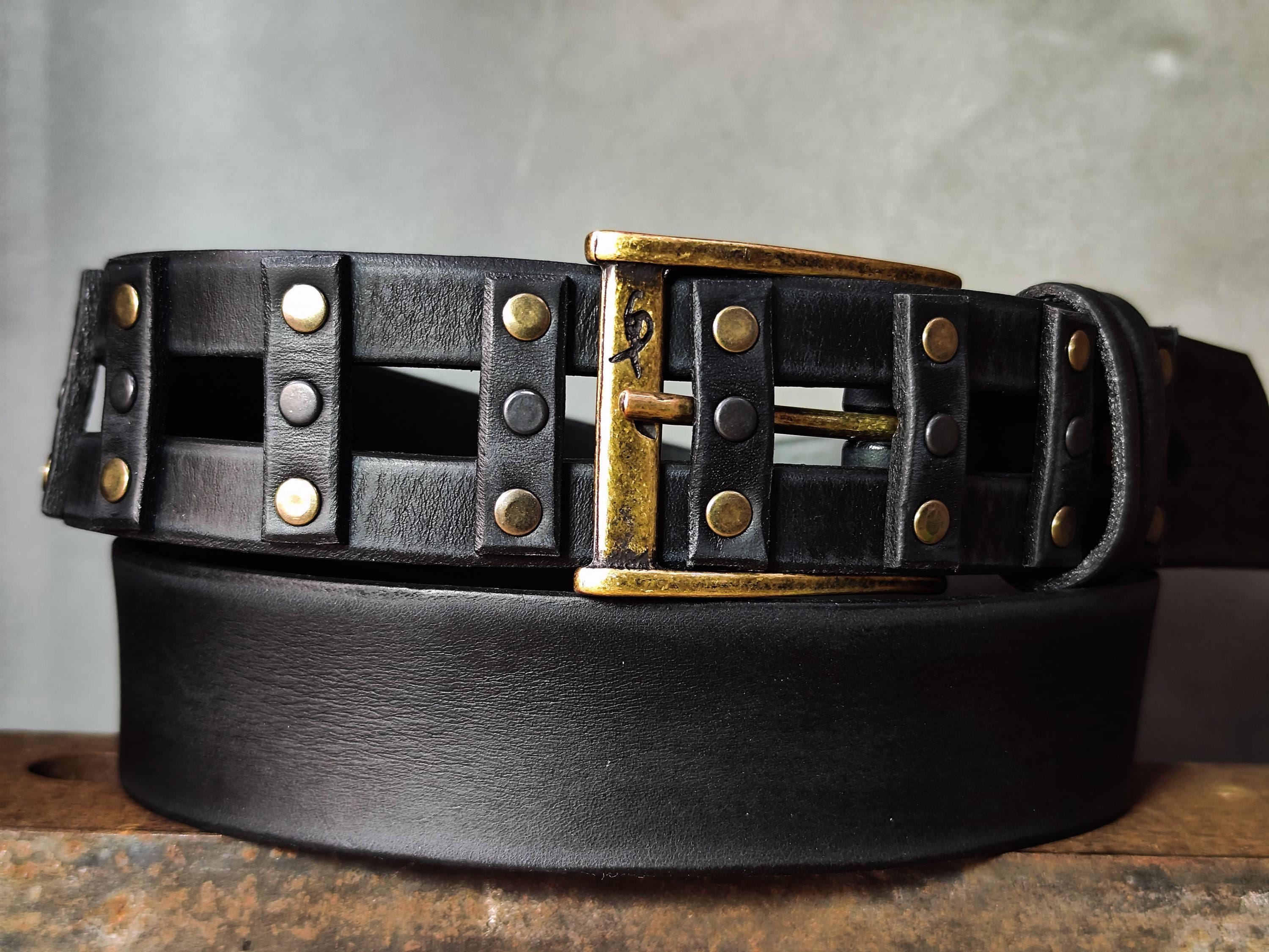 Handmade Black Leather Studded Belt – Full Grain Rivet 