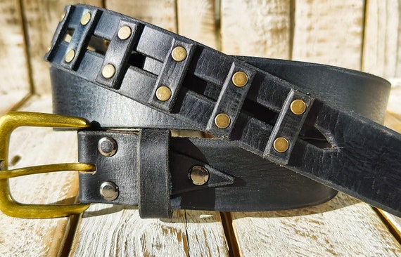 Studded Bronze Buckle Black Gray Belt Black Bronze Steampunk Studded Leather Belt, Steampunk  main image 3