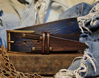 Handmade Blue Leather with Touch of Brown Belt Distressed Western Style
