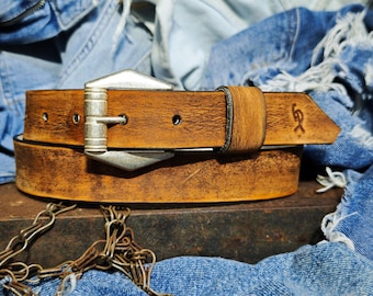 Slim Brown Vintage Leather Belt for Women 2.8 cm Handmade with silver design Buckle