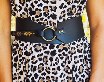 Black Leather Waist Belt, Asymmetrical Design, Bronze Ring