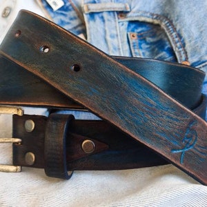 Men's blue Leather vintage style Belt, Custom Men's Leather Accessories and belts for him.