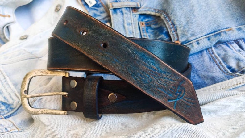 Men's blue Leather vintage style Belt, Custom Men's Leather Accessories and belts for him. image 1