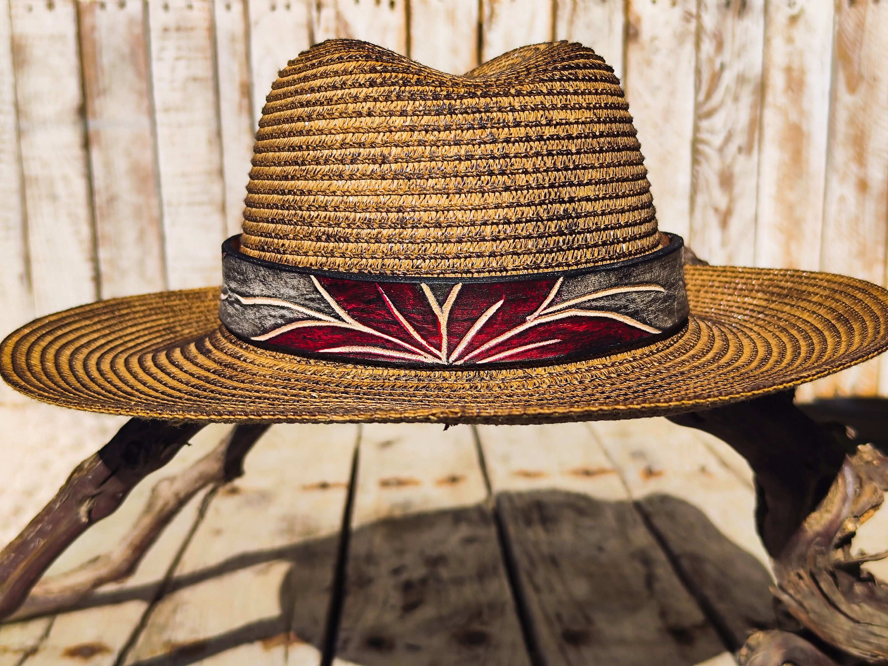Vintage Red Straw Hat with Floral Stem Leaves 1960s Union Made Women\'s Cap Artsy Vintage Floral Straw Bucket Hat, 1950s-60s Hat, Vintage Hat  main image 2