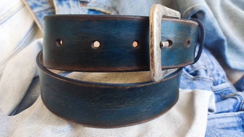 Men's blue Leather vintage style Belt, Custom Men's Leather Accessories and belts for him. image 7