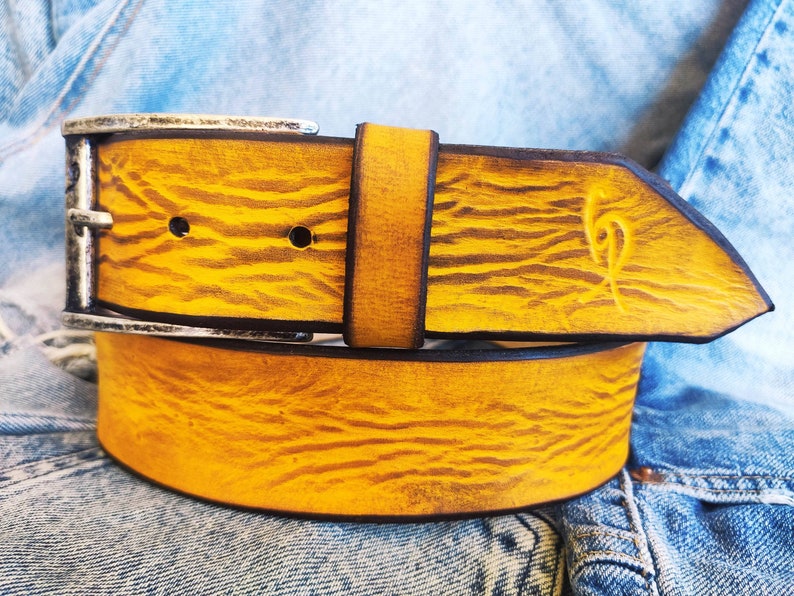 A yellow leather belt with brown wash, the perfect belt color for jeans with option to personalized for a gift with name image 2