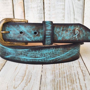 Turquoise leather belt with brown wash and amazing texture, handmade leather buckle belt, match with jeans and perfect gift for man & woman