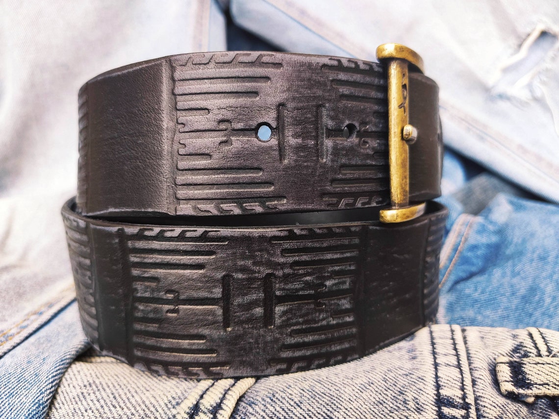 A Handmade Black Leather Belt Embossing With Heat Sink Cooler Etsy