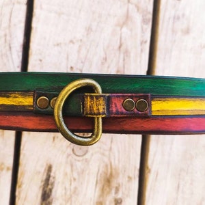 Rasta Dog Collar Rastafarian Dog Collar with Red Yellow Green Stripes and Brown wash, Bob Marley Jamaican leather dog  collar with name