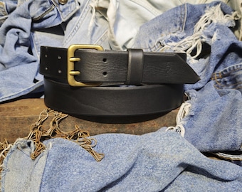 Vintage Black Full Grain Leather Belt, Double Prong Brass Buckle – Handmade Men's Belt
