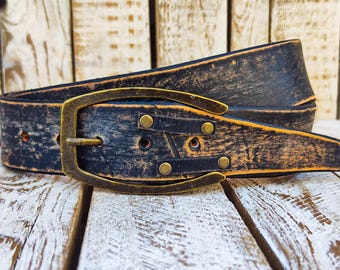 Gilded black leather vintage gold toned riveted Belt Size M Handmade 1-3/4 main image 3