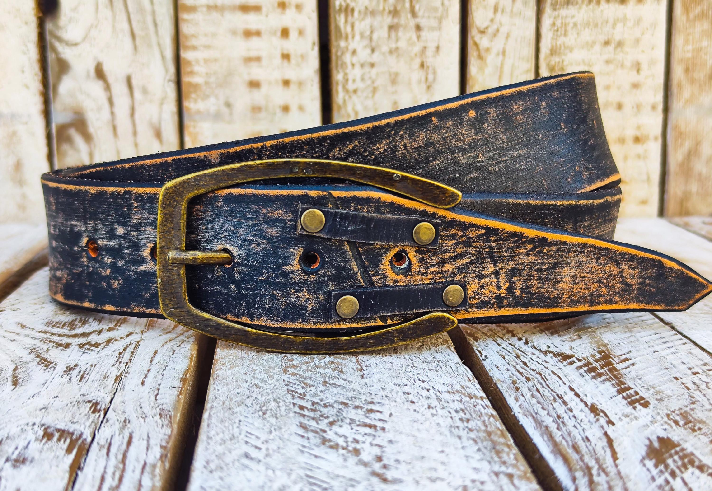 Distressed Black Leather Belt, Handmade Riveted Biker Style - Etsy