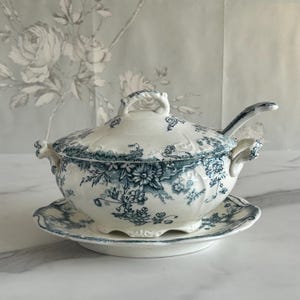 Small Tureen / Sauce boat with lid on plate with ladle