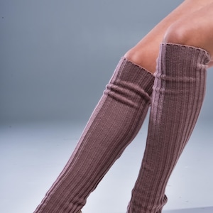 Soft knitted thigh high leg warmers for women, ideal for dance, ballet, yoga or workout wear, available in custom lengths