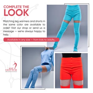 May include: The image showcases matching leg warmers and shorts in various colors. The text reads "COMPLETE THE LOOK" and "Available in any size - from kids to adults." The leg warmers and shorts are displayed in blue and orange.