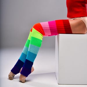 Rainbow Knitted Leg Warmers for Women, Custom Length Sporty Gaithers, Soft Acrylic Dance or Yoga Warm-Up Socks, Colorful Ballet Knitwear