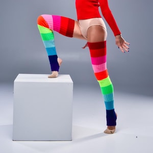 Rainbow Sports Leg Warmers with Adjustable Height & Optional Heel Hole, Cozy Durable Acrylic Dance Socks for Women, Colorful Rainbow Socks