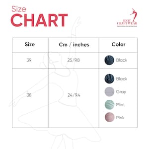 Puede incluir: Tabla de tallas con medidas en cent&iacute;metros y pulgadas. Incluye las tallas 38 y 39, con medidas correspondientes de 24/9,4 y 25/9,8. Los colores mostrados son negro, gris, menta y rosa.