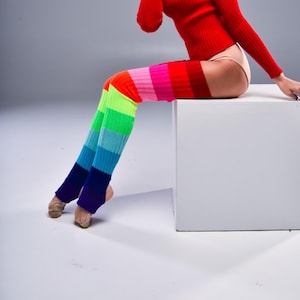 Rainbow Knit Leg Warmers for Women, Colorful Acrylic Boot Socks Custom Length, Festival Outfit Gaiters with Heel Option, Bright Leg Warmers