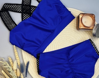 Deep Blue Womens Activewear Set with Top and Shorts, Workout Outfit with High or Low Waist Shorts, Stretch Fitness Gym Clothing Training Set