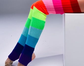 Rainbow Leg Warmers for Women, Colorful Striped Knit Socks, Custom Length Acrylic Legwear with Open or Closed Heel, Bright Outfit Accessory
