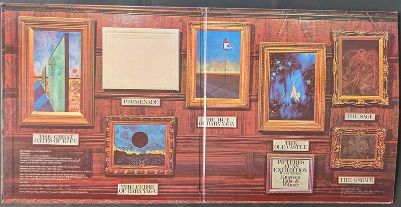 May include: A collection of framed art pieces, including paintings and a blank frame, displayed on a wood-paneled wall. The art features various styles and subjects, with labels identifying each piece. The overall theme is an art exhibition.