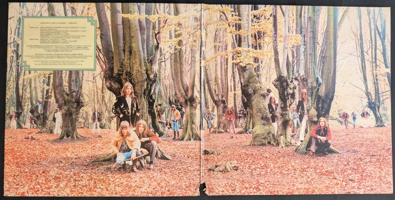 May include: Album cover featuring a group of people in a forest setting with autumn leaves. The album cover is open, revealing a group of people posing among the trees. The album cover has text in the upper left corner.