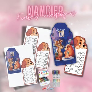 Könnte beinhalten: Eine Auswahl an farbenfrohen Acrylmarkern und Zubehör, darunter eine Box mit Markern, eine Schere und Lesezeichenkarten mit Illustrationen von Susi und Strolch. Der Text "NANCIER Feutres acryliques" ist sichtbar. Der Hintergrund ist rosa.