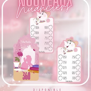 May include: Pink and white decorative tags with Beauty and the Beast themed illustrations. The tags feature the text "NOUVEAUX huanciers" and "DISPONIBLE". Each tag has a different design, including numbers and character silhouettes.