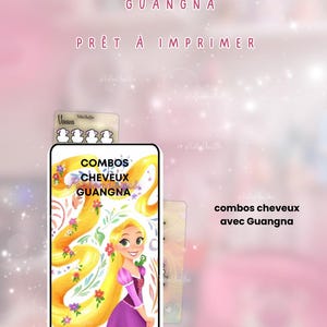 Peut inclure: Visuel rose avec du texte en français, dont "NOUVEAU NUANCIER Combos cheveux" et "PRÊT À IMPRIMER". L'image présente une coque de téléphone avec une illustration de princesse aux longs cheveux blonds.