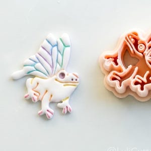 Könnte beinhalten: Zwei froschförmige Ausstecher. Einer ist weiß mit einem Schmetterlingsflügeldesign in Pastellfarben. Der andere ist rot-orange. Die Ausstecher befinden sich auf einer weißen Oberfläche. Der Text "@LuliCutters" befindet sich in der unteren rechten Ecke.