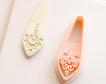 Ornate Long Drop Polymer Clay Cutter  Swirl Engraved Shape for Statement Earrings & Jewelry