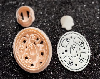 Ghost Cameo Polymer Clay Cutter Set – Halloween Medallion with Skull Topper for Earrings or Jewelry Making 00818