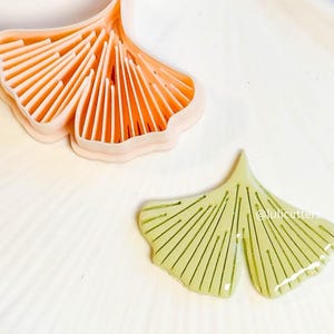 Peut inclure: Un emporte-pièce en forme de feuille de ginkgo orange clair à côté d'un biscuit en forme de feuille de ginkgo vert clair. L'emporte-pièce a un design détaillé avec des lignes fines. Le biscuit vert a une finition brillante.